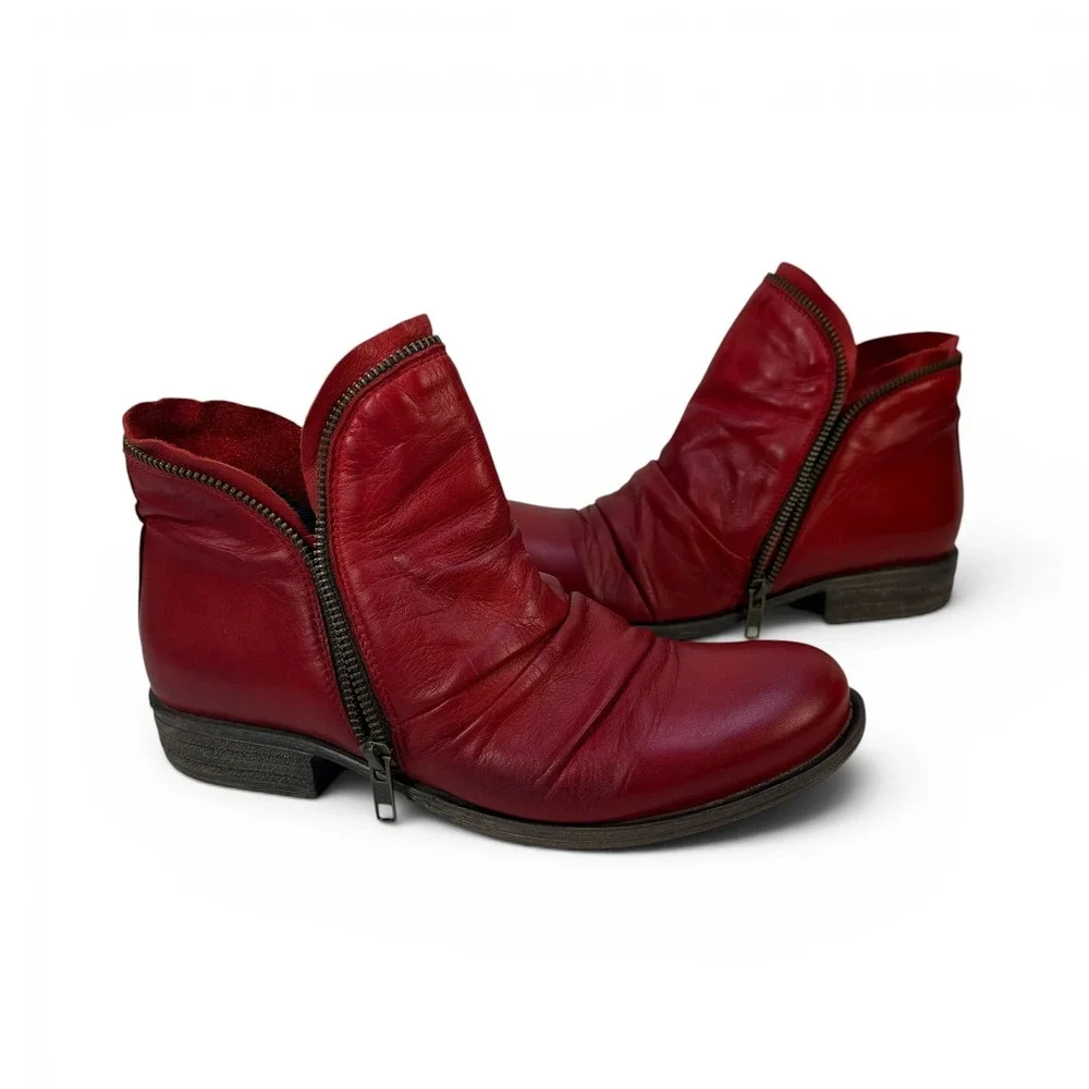 Miz Mooz Luna Ankle Boots Womens 8.5 Red Antique Leather Ruched Zippers‎